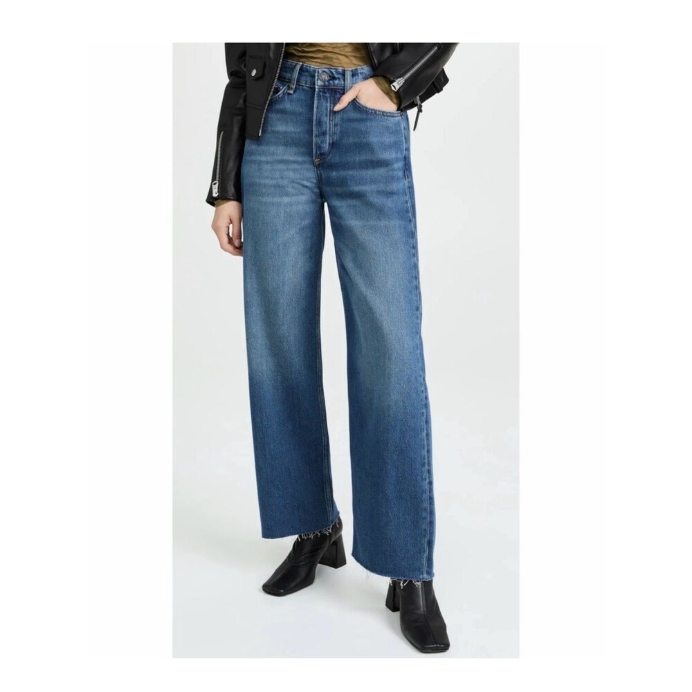 Rag & Bone Logan High-Rise wide leg Raw Hem Denim Jeans Jasper Medium Wash 25